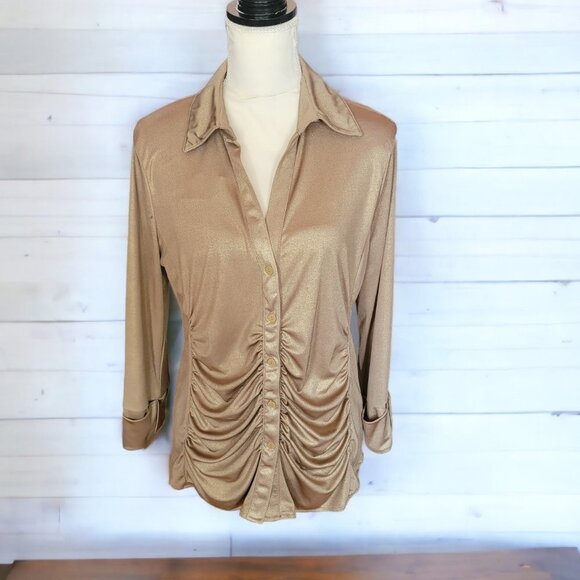 INC Metallic Gold Long Sleeve Elegant Evening Blouse with Ruching in Size XL - Picture 2 of 5